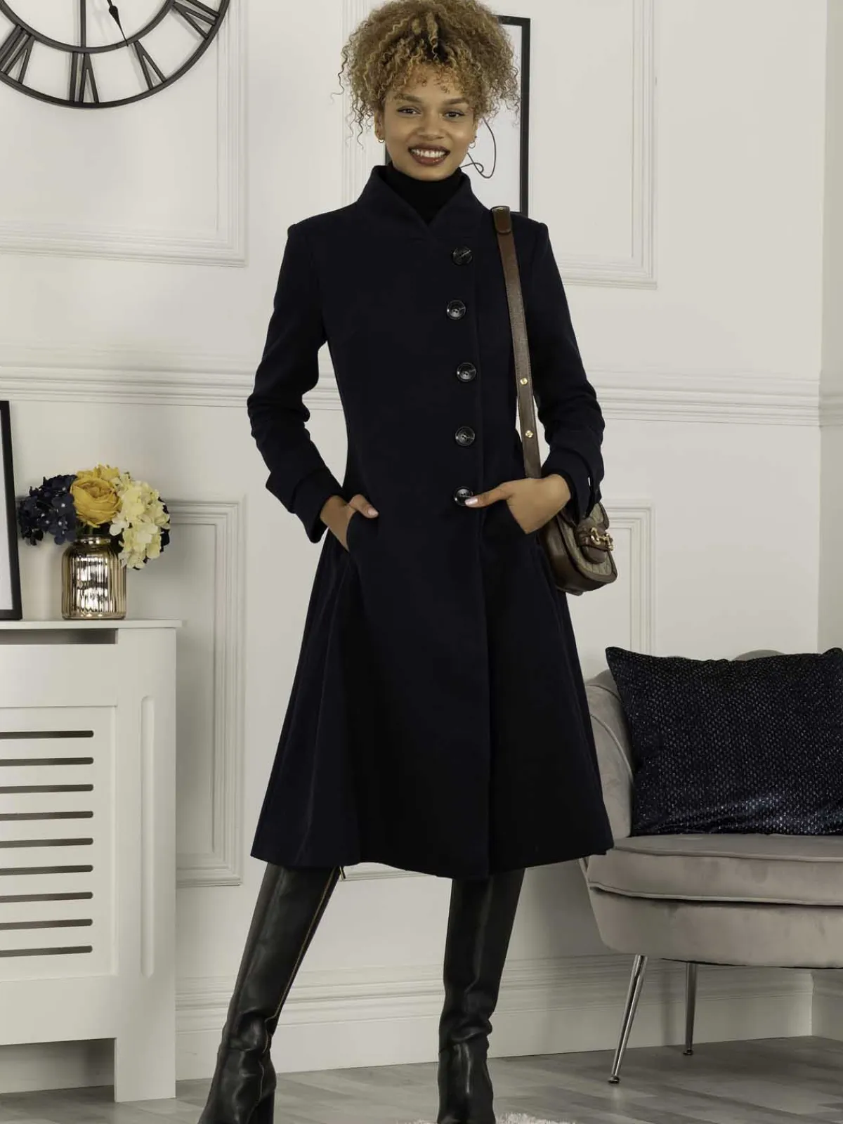 Jolie Moi Coats & Jackets-Caroline Asymmetric Button Coat, Navy
