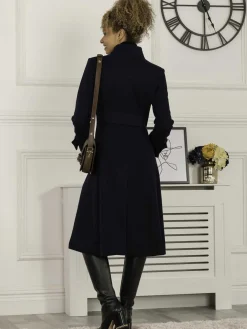 Jolie Moi Coats & Jackets-Caroline Asymmetric Button Coat, Navy