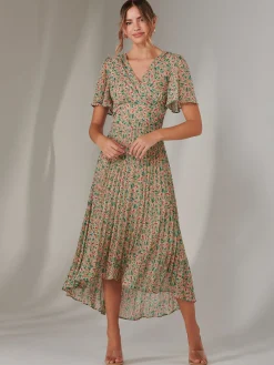Jolie Moi Occasion Dresses|Floral Dresses-Charlotte Pleated Chiffon Midaxi Dress, Beige Multi