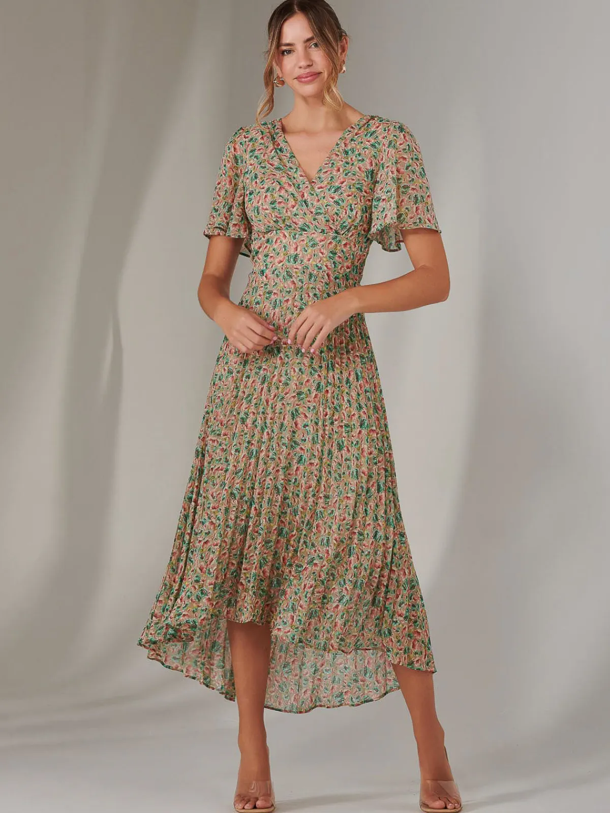 Jolie Moi Occasion Dresses|Floral Dresses-Charlotte Pleated Chiffon Midaxi Dress, Beige Multi