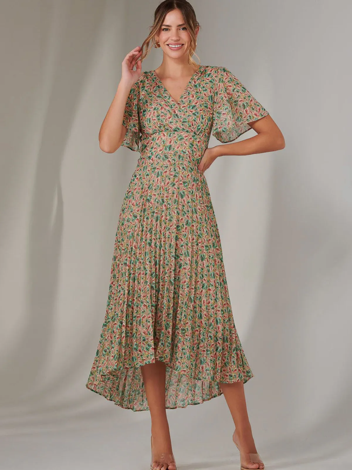 Jolie Moi Occasion Dresses|Floral Dresses-Charlotte Pleated Chiffon Midaxi Dress, Beige Multi