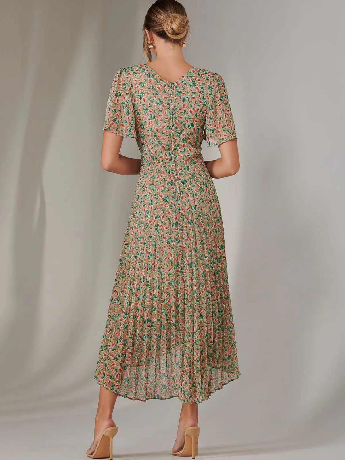 Jolie Moi Occasion Dresses|Floral Dresses-Charlotte Pleated Chiffon Midaxi Dress, Beige Multi