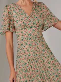 Jolie Moi Occasion Dresses|Floral Dresses-Charlotte Pleated Chiffon Midaxi Dress, Beige Multi