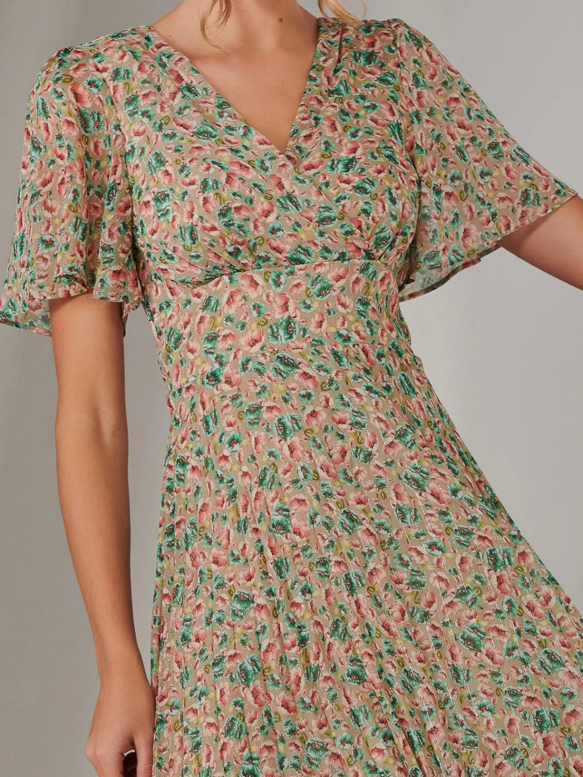 Jolie Moi Occasion Dresses|Floral Dresses-Charlotte Pleated Chiffon Midaxi Dress, Beige Multi