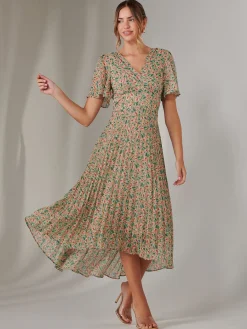 Jolie Moi Occasion Dresses|Floral Dresses-Charlotte Pleated Chiffon Midaxi Dress, Beige Multi