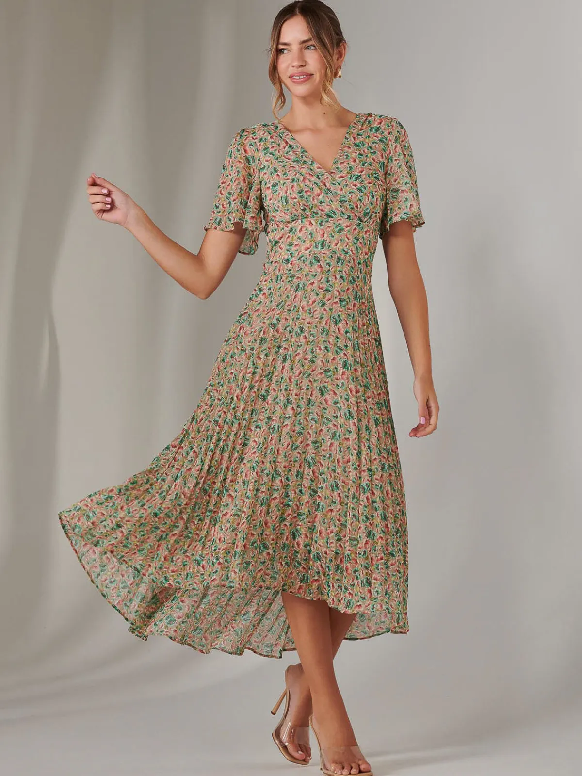 Jolie Moi Occasion Dresses|Floral Dresses-Charlotte Pleated Chiffon Midaxi Dress, Beige Multi