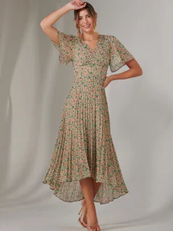 Jolie Moi Occasion Dresses|Floral Dresses-Charlotte Pleated Chiffon Midaxi Dress, Beige Multi