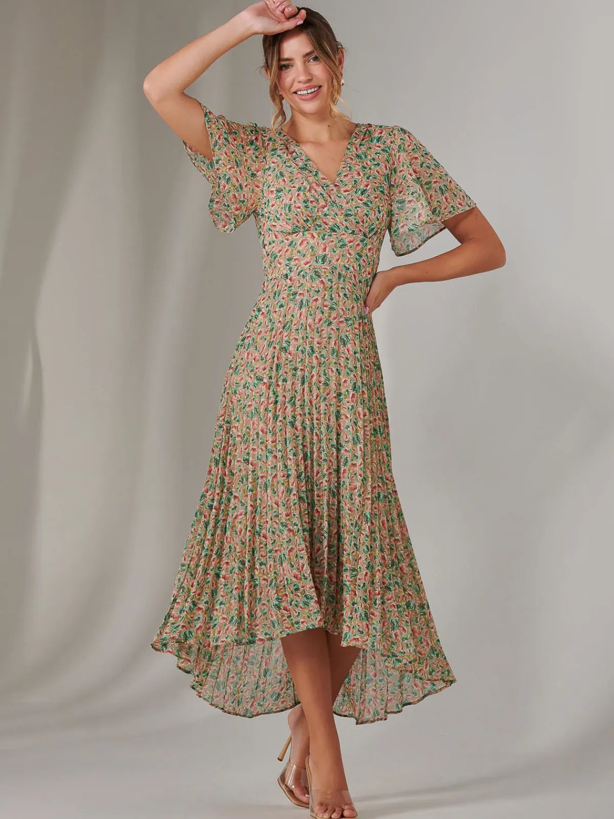 Jolie Moi Occasion Dresses|Floral Dresses-Charlotte Pleated Chiffon Midaxi Dress, Beige Multi
