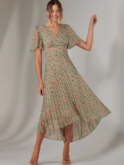 Jolie Moi Occasion Dresses|Floral Dresses-Charlotte Pleated Chiffon Midaxi Dress, Beige Multi