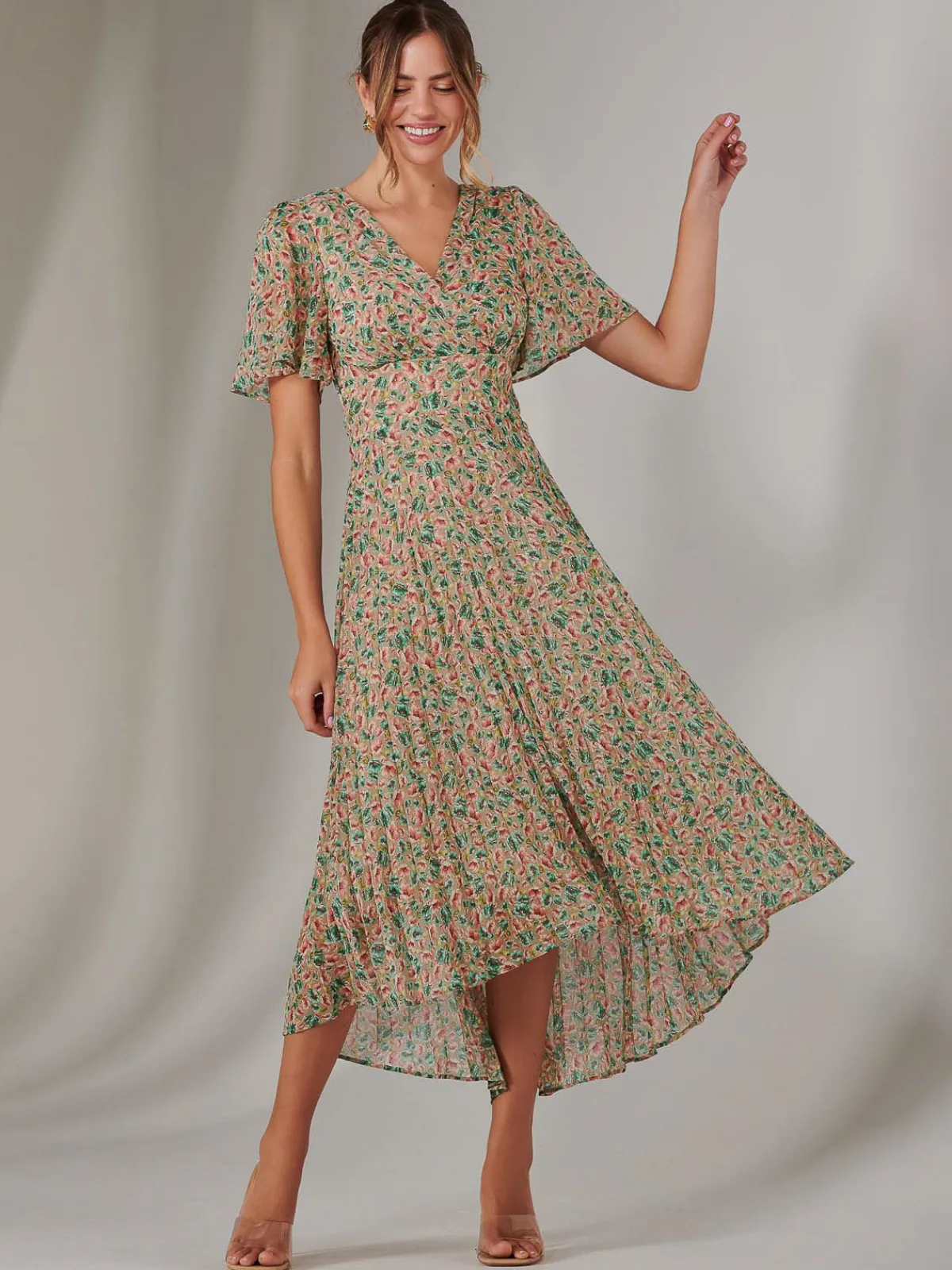 Jolie Moi Occasion Dresses|Floral Dresses-Charlotte Pleated Chiffon Midaxi Dress, Beige Multi