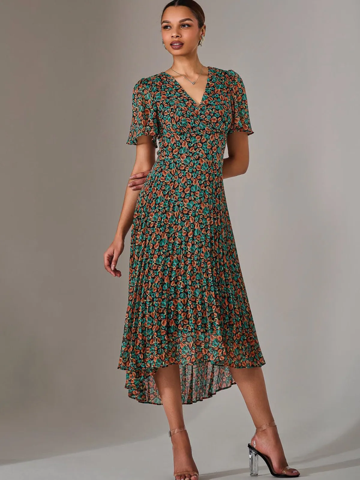 Jolie Moi Occasion Dresses|Floral Dresses-Charlotte Pleated Chiffon Midaxi Dress, Black Multi
