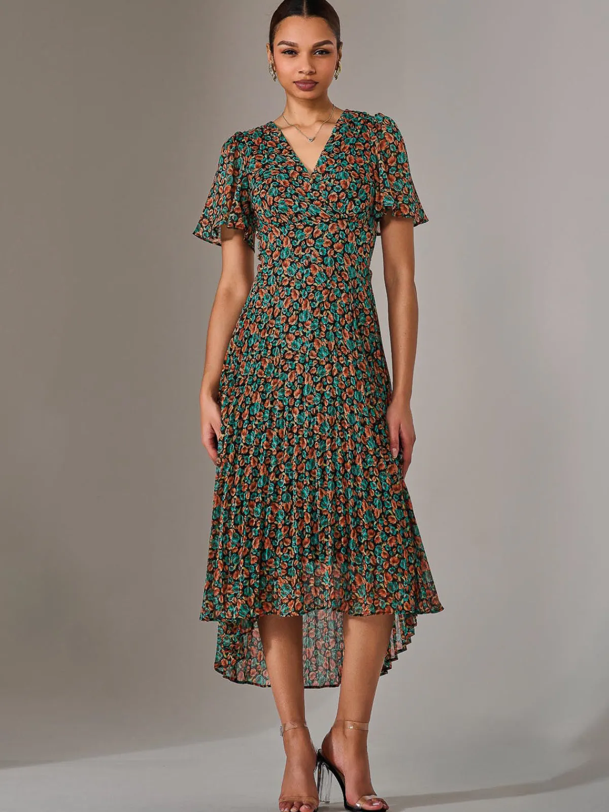 Jolie Moi Occasion Dresses|Floral Dresses-Charlotte Pleated Chiffon Midaxi Dress, Black Multi