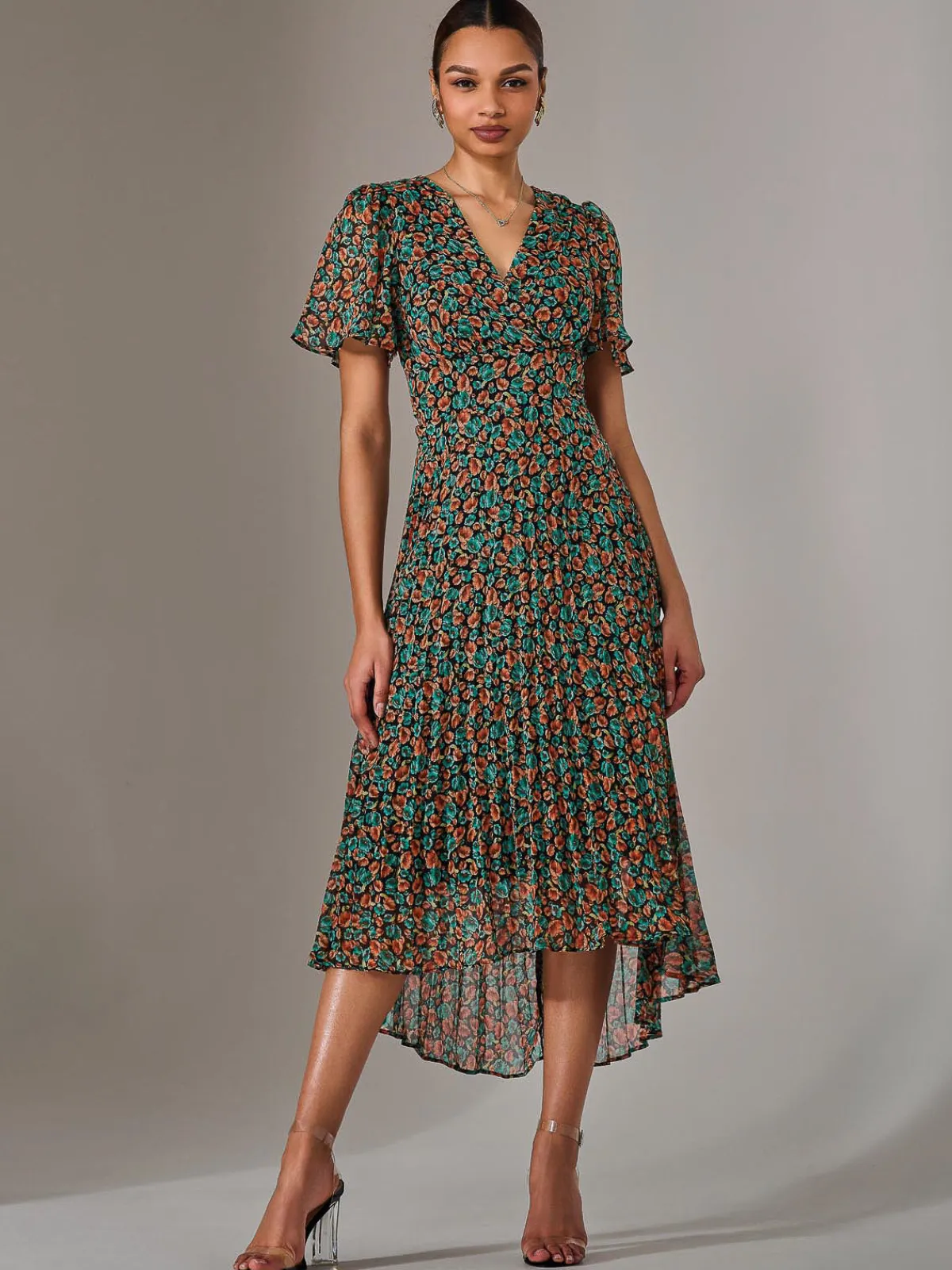 Jolie Moi Occasion Dresses|Floral Dresses-Charlotte Pleated Chiffon Midaxi Dress, Black Multi
