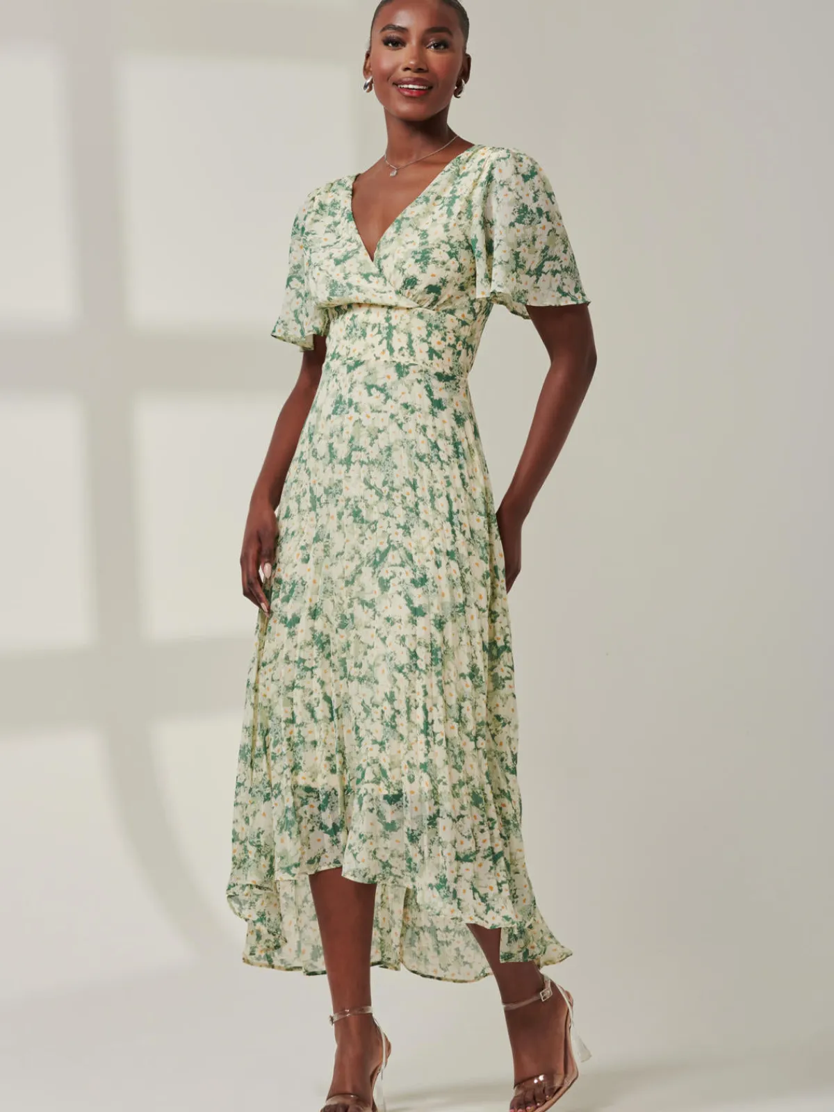 Jolie Moi Occasion Dresses|Office Dresses-Chelsea Pleated Chiffon Dip Hem Maxi Dress, Green Abstract
