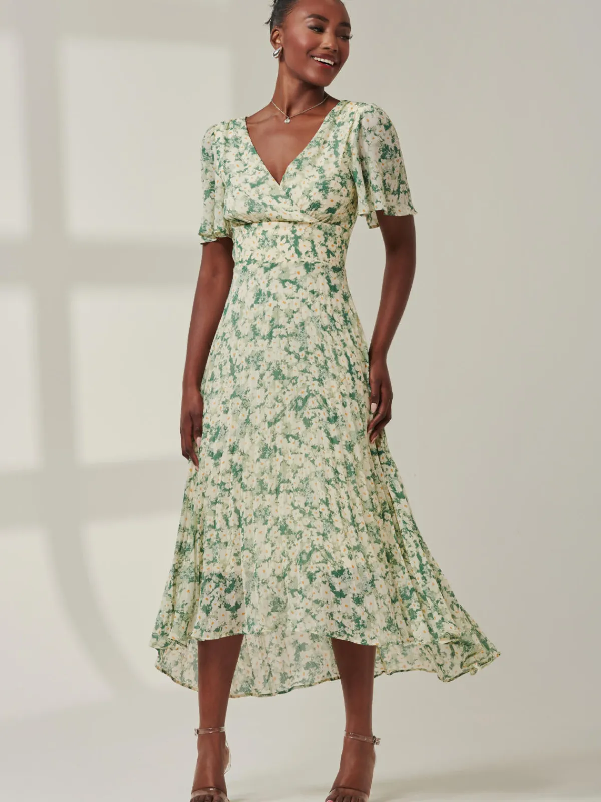 Jolie Moi Occasion Dresses|Office Dresses-Chelsea Pleated Chiffon Dip Hem Maxi Dress, Green Abstract