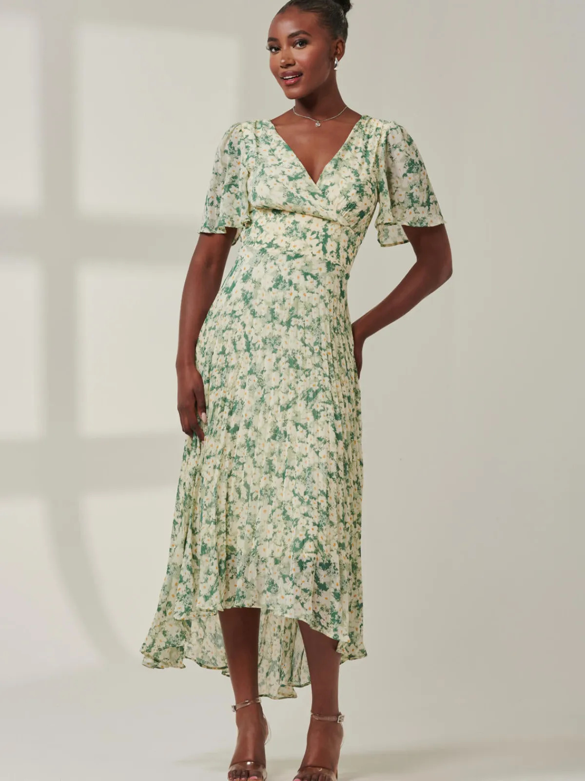 Jolie Moi Occasion Dresses|Office Dresses-Chelsea Pleated Chiffon Dip Hem Maxi Dress, Green Abstract