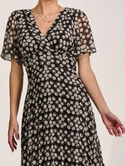 Jolie Moi Occasion Dresses|Party Dresses-Chiffon Floaty Sleeved Midaxi Dress, Black Spot