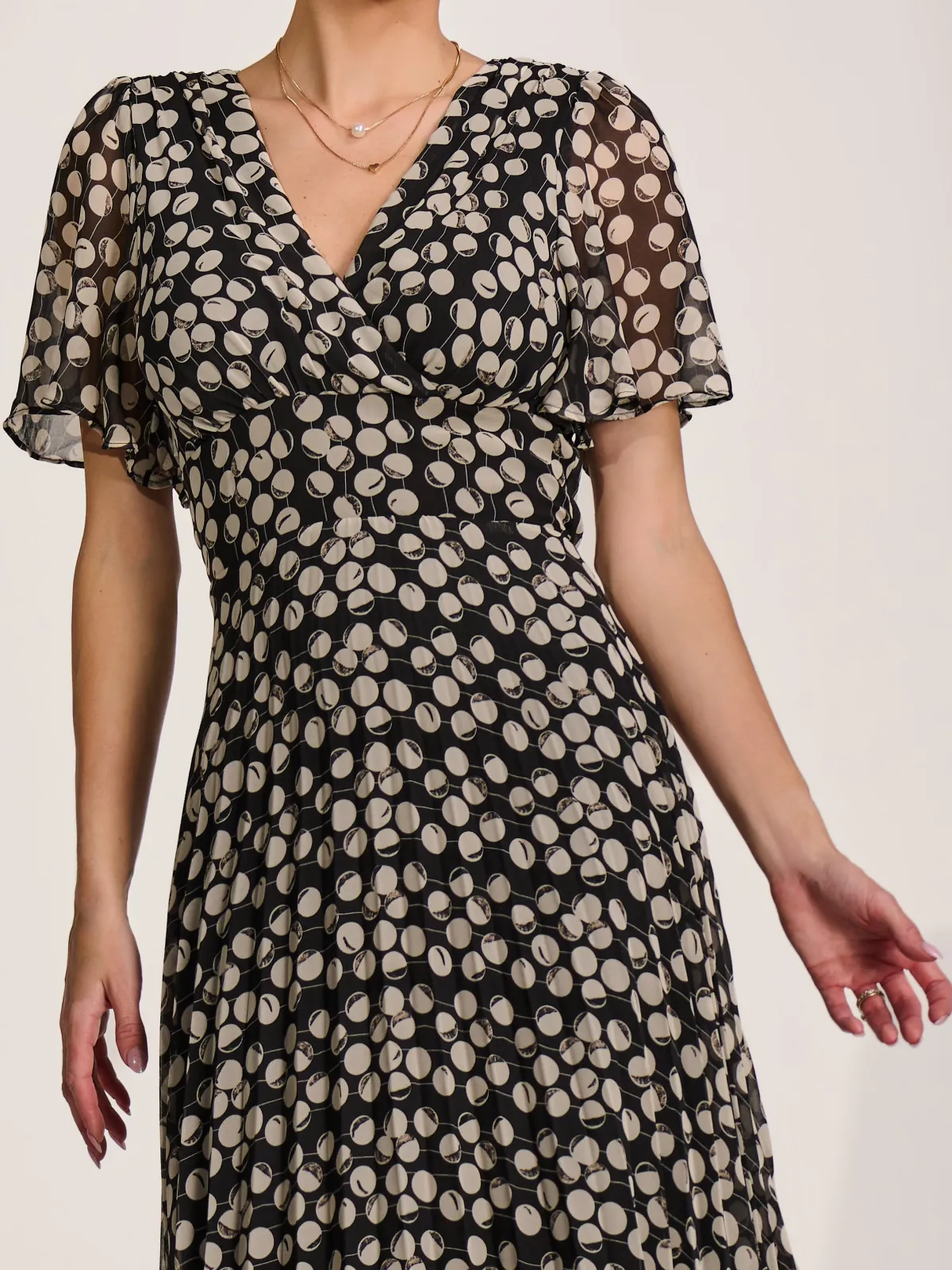 Jolie Moi Occasion Dresses|Party Dresses-Chiffon Floaty Sleeved Midaxi Dress, Black Spot