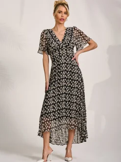 Jolie Moi Occasion Dresses|Party Dresses-Chiffon Floaty Sleeved Midaxi Dress, Black Spot