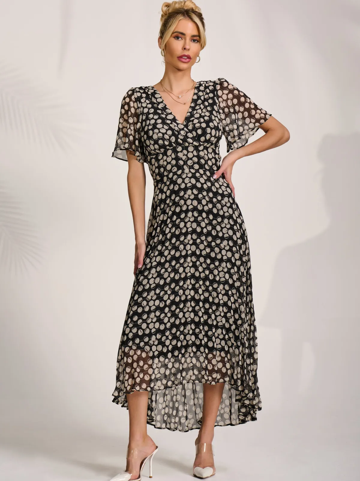 Jolie Moi Occasion Dresses|Party Dresses-Chiffon Floaty Sleeved Midaxi Dress, Black Spot