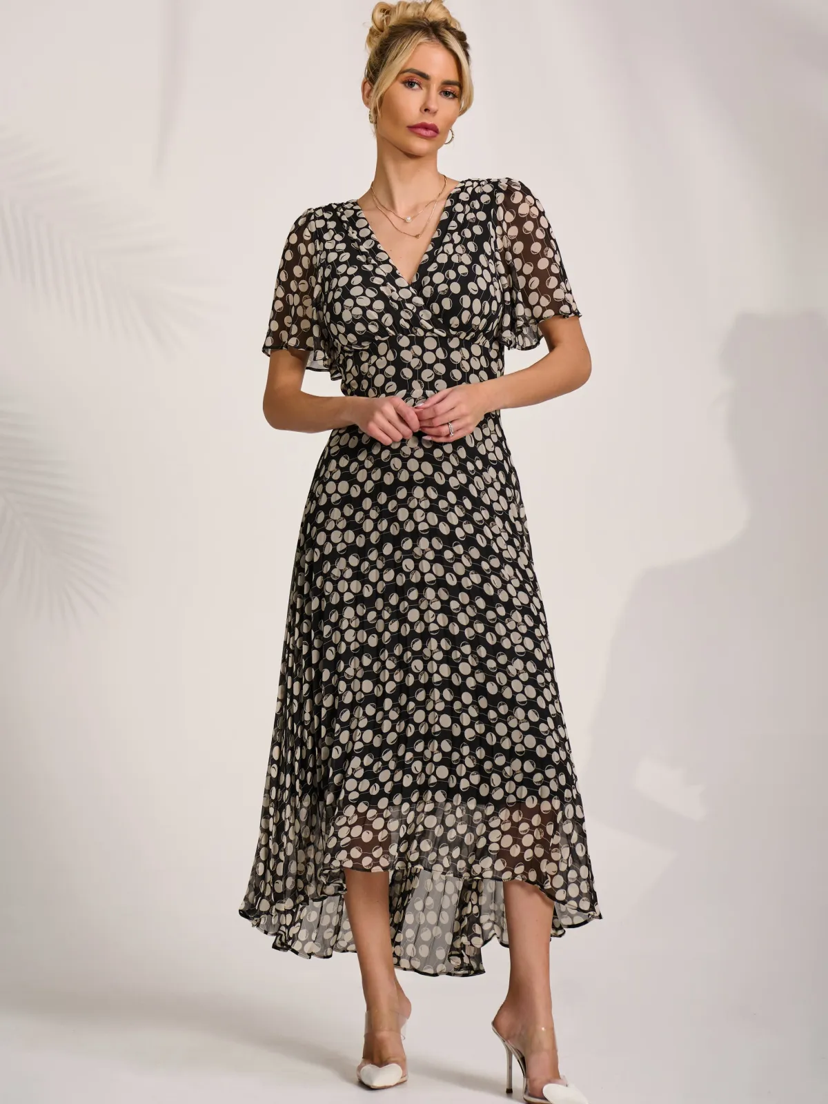 Jolie Moi Occasion Dresses|Party Dresses-Chiffon Floaty Sleeved Midaxi Dress, Black Spot