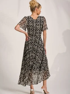 Jolie Moi Occasion Dresses|Party Dresses-Chiffon Floaty Sleeved Midaxi Dress, Black Spot