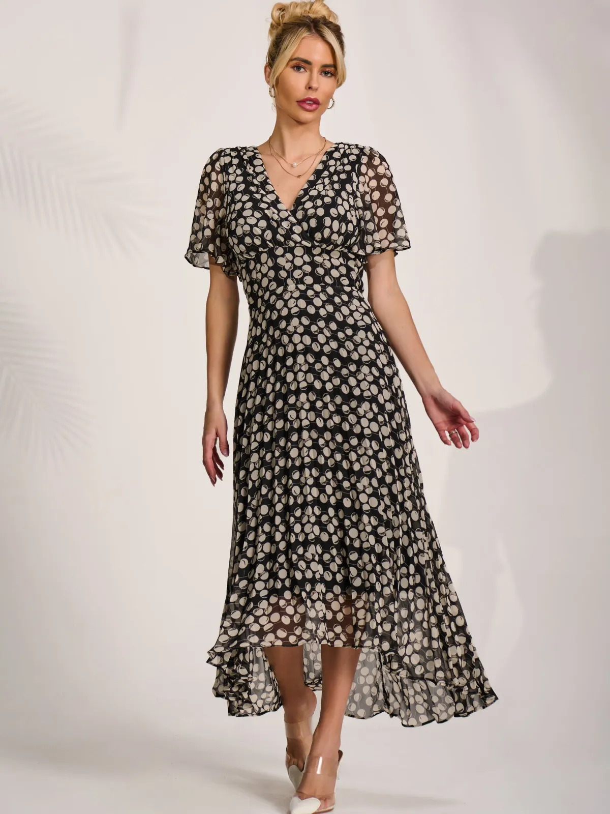 Jolie Moi Occasion Dresses|Party Dresses-Chiffon Floaty Sleeved Midaxi Dress, Black Spot