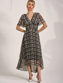 Jolie Moi Occasion Dresses|Party Dresses-Chiffon Floaty Sleeved Midaxi Dress, Black Spot