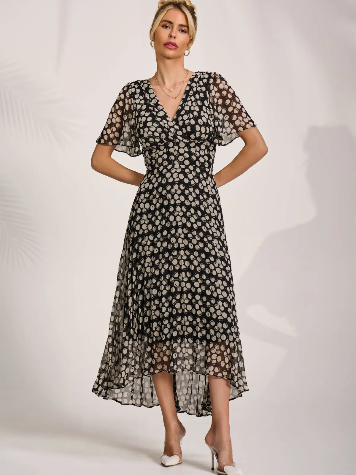 Jolie Moi Occasion Dresses|Party Dresses-Chiffon Floaty Sleeved Midaxi Dress, Black Spot