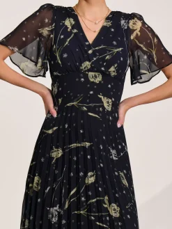 Jolie Moi Occasion Dresses|Party Dresses-Chiffon Floaty Sleeved Midaxi Dress, Navy Abstract