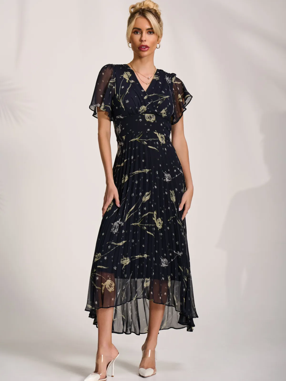 Jolie Moi Occasion Dresses|Party Dresses-Chiffon Floaty Sleeved Midaxi Dress, Navy Abstract