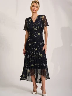 Jolie Moi Occasion Dresses|Party Dresses-Chiffon Floaty Sleeved Midaxi Dress, Navy Abstract