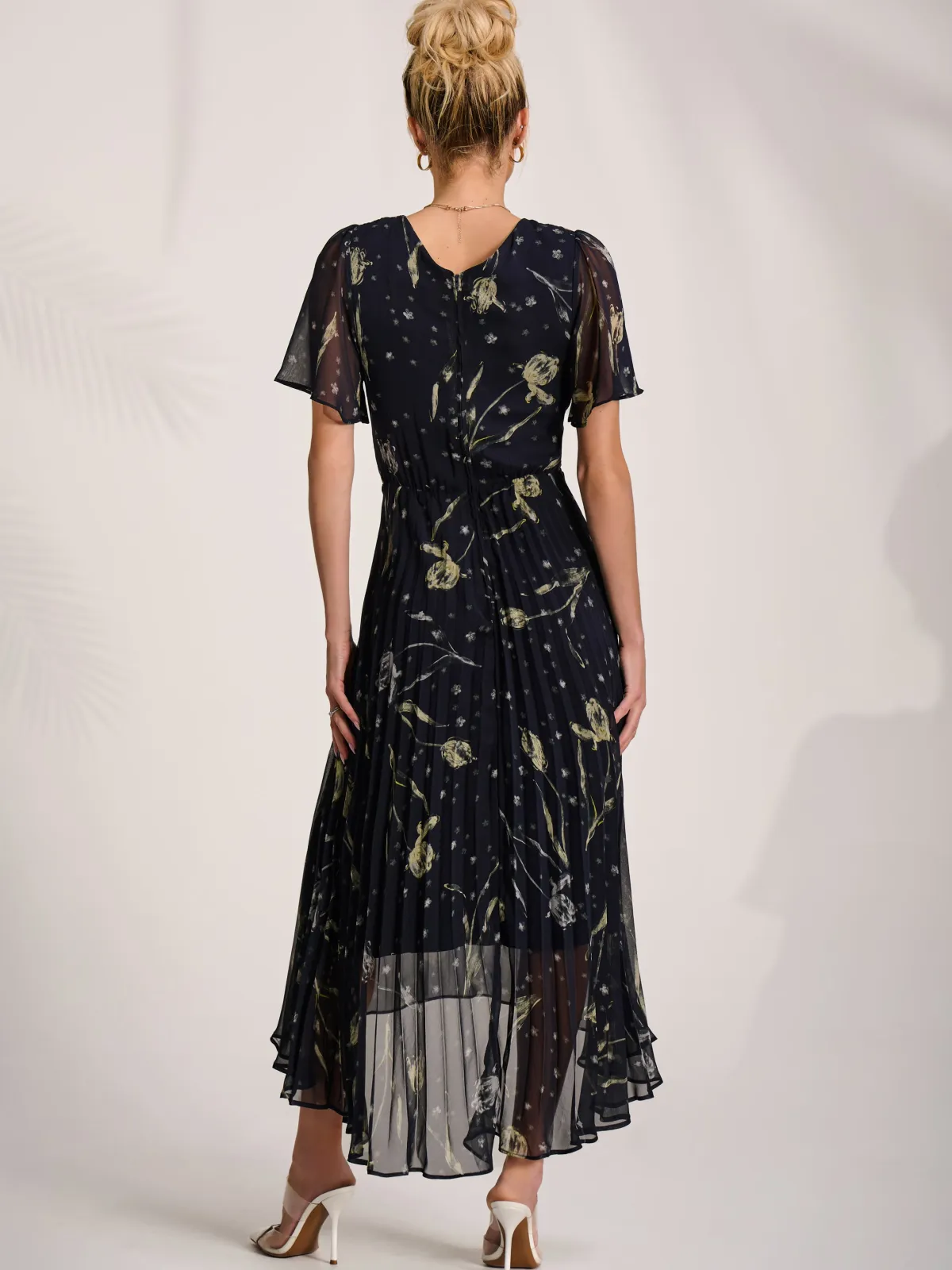 Jolie Moi Occasion Dresses|Party Dresses-Chiffon Floaty Sleeved Midaxi Dress, Navy Abstract