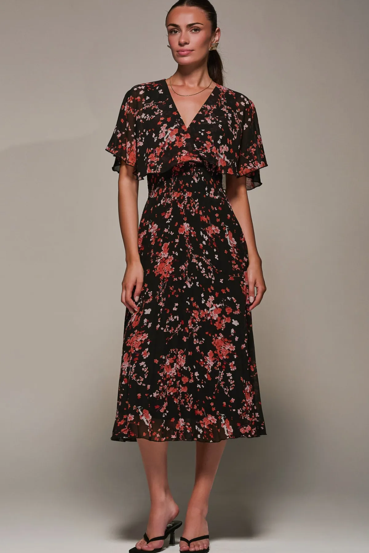 Jolie Moi Occasion Dresses|Floral Dresses-Chiffon Floral Print Pleated Midaxi Dress, Black Red Floral