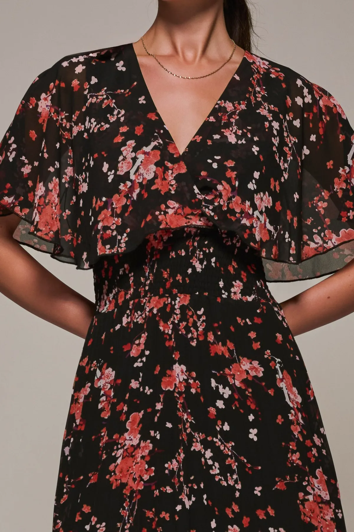Jolie Moi Occasion Dresses|Floral Dresses-Chiffon Floral Print Pleated Midaxi Dress, Black Red Floral