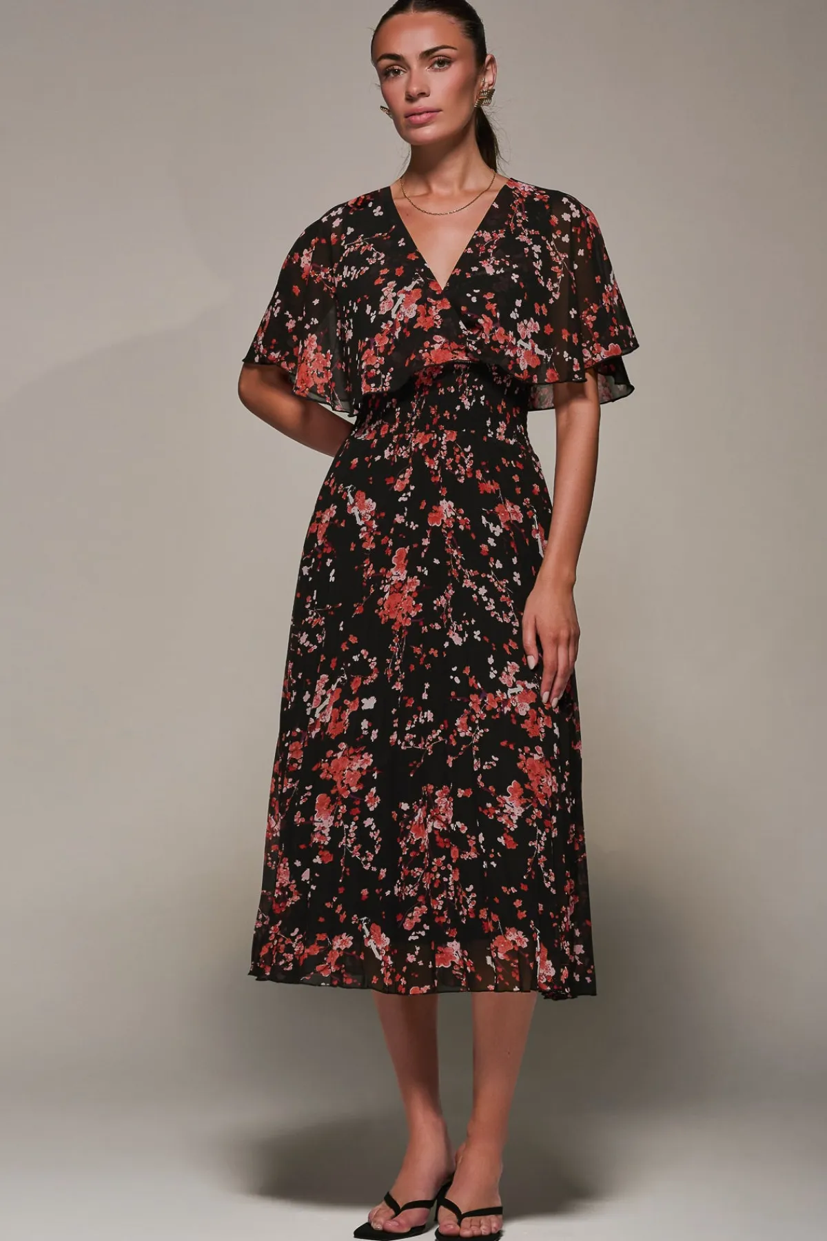 Jolie Moi Occasion Dresses|Floral Dresses-Chiffon Floral Print Pleated Midaxi Dress, Black Red Floral
