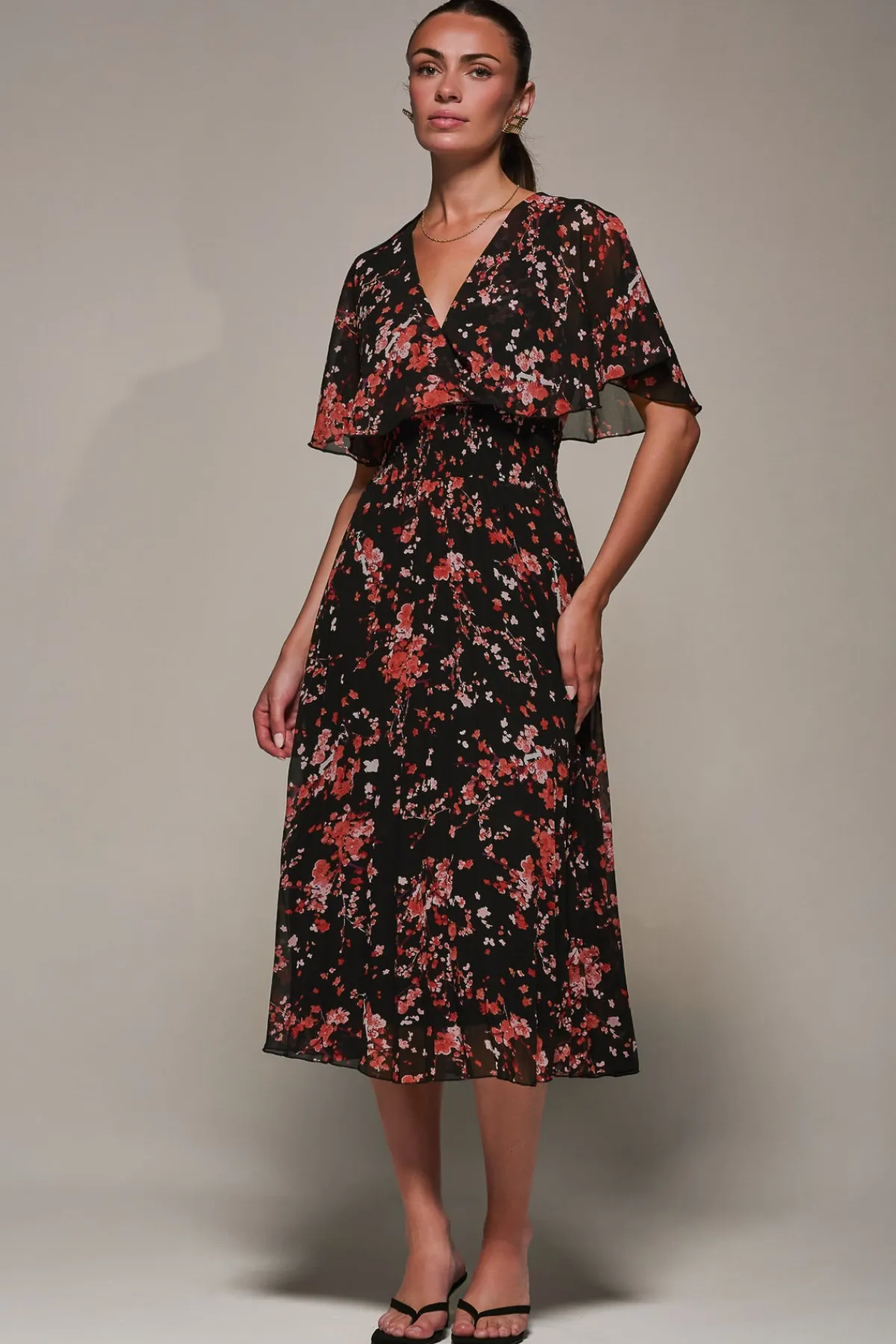 Jolie Moi Occasion Dresses|Floral Dresses-Chiffon Floral Print Pleated Midaxi Dress, Black Red Floral