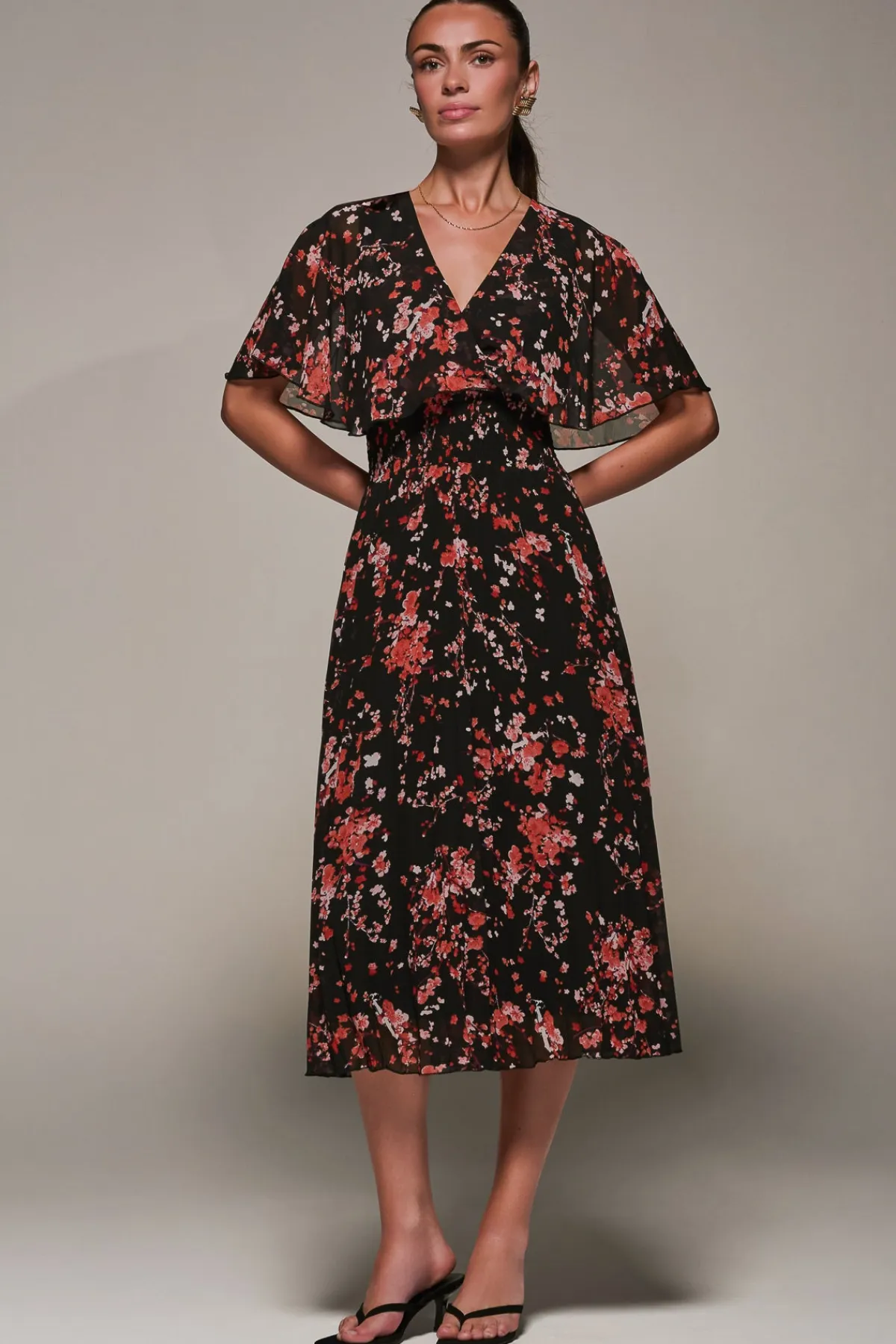 Jolie Moi Occasion Dresses|Floral Dresses-Chiffon Floral Print Pleated Midaxi Dress, Black Red Floral