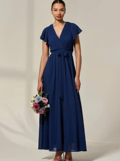 Jolie Moi Occasion Dresses|Wrap Dresses-Chiffon Flutter Sleeve Maxi Dress, Navy
