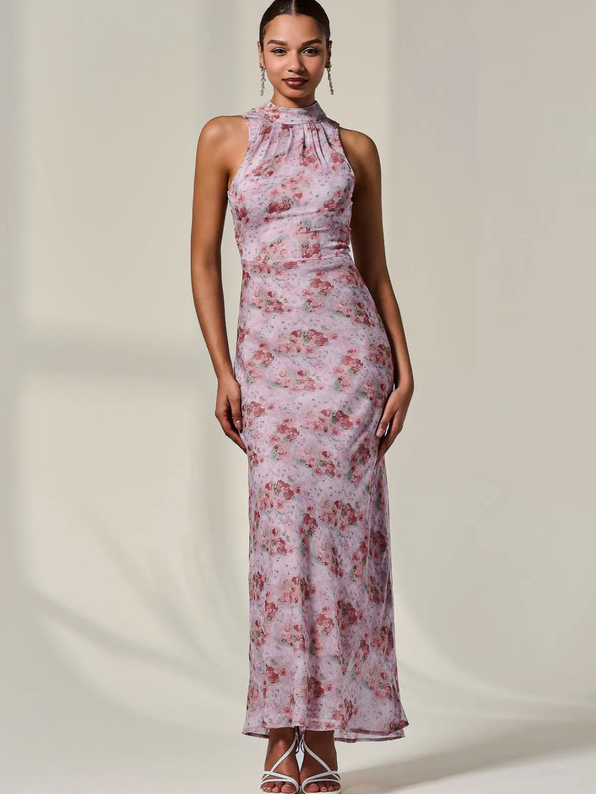 Jolie Moi Occasion Dresses|Floral Dresses-Chiffon Halter Neck Maxi Dress, Red Floral
