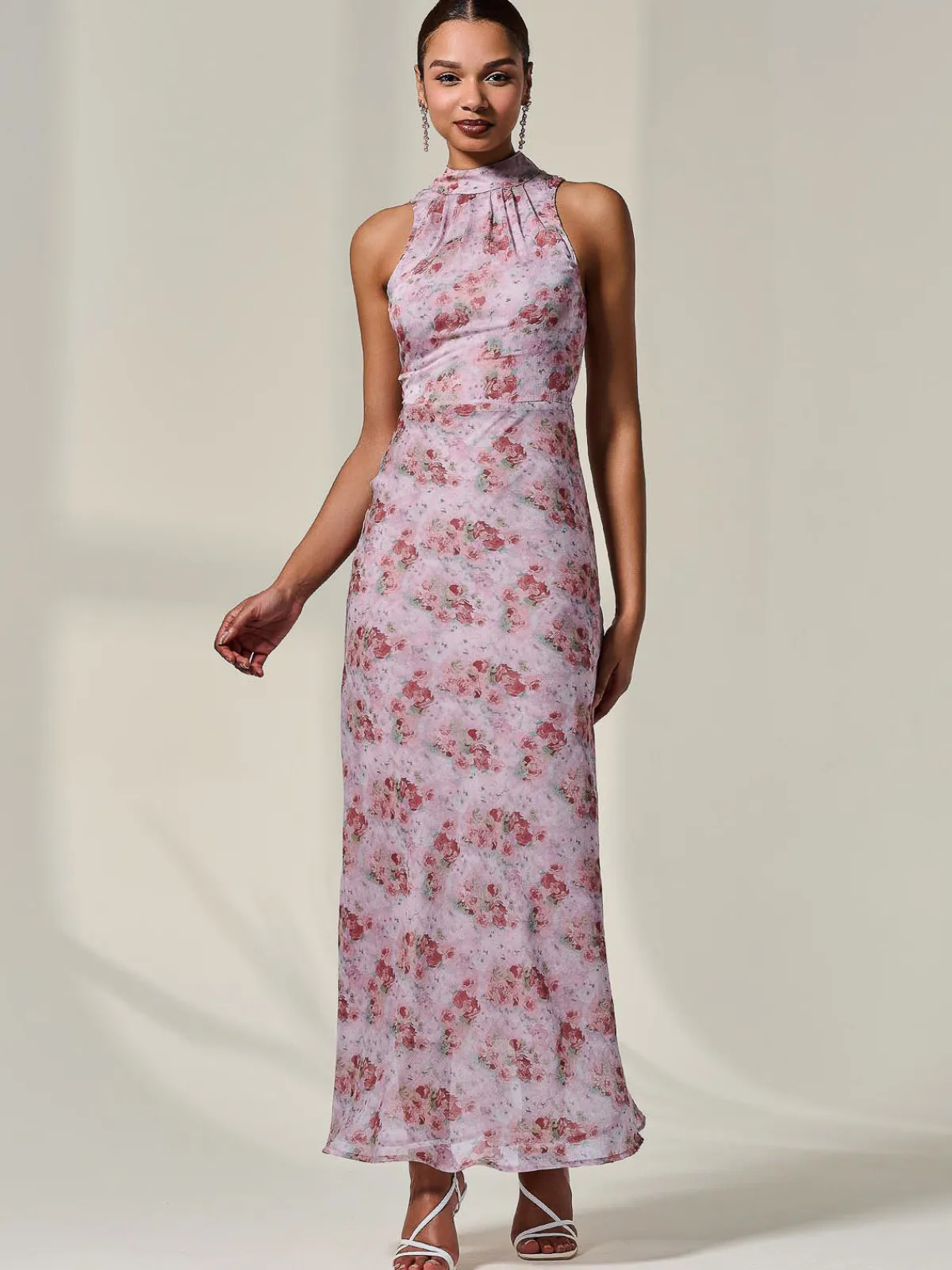 Jolie Moi Occasion Dresses|Floral Dresses-Chiffon Halter Neck Maxi Dress, Red Floral