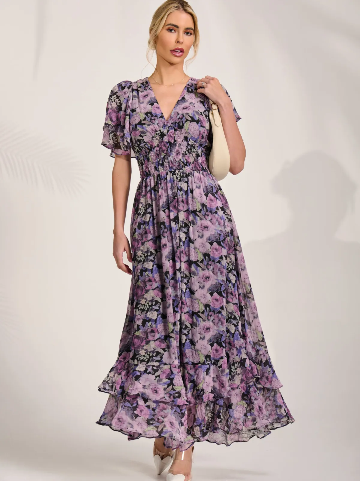 Jolie Moi Floral Dresses|Weekend Casuals-Chiffon Layered Sleeve Ruffle Hem Midaxi, Black Floral