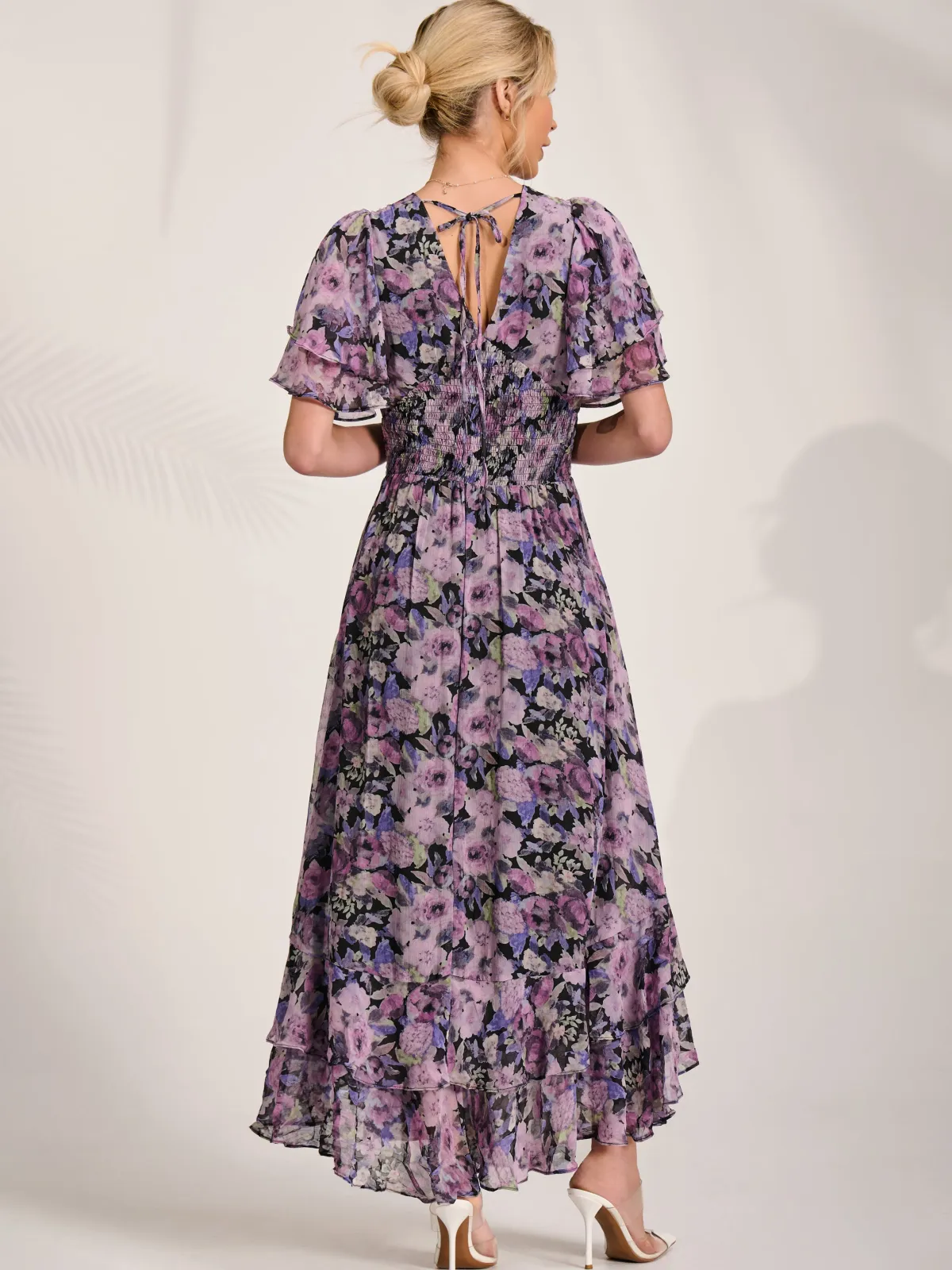 Jolie Moi Floral Dresses|Weekend Casuals-Chiffon Layered Sleeve Ruffle Hem Midaxi, Black Floral