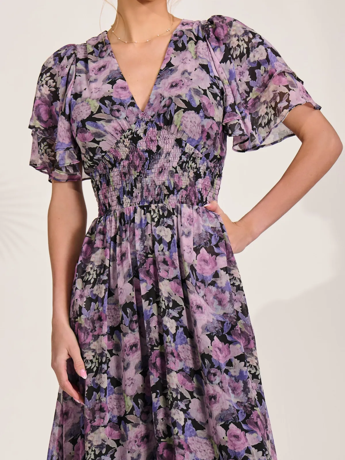 Jolie Moi Floral Dresses|Weekend Casuals-Chiffon Layered Sleeve Ruffle Hem Midaxi, Black Floral
