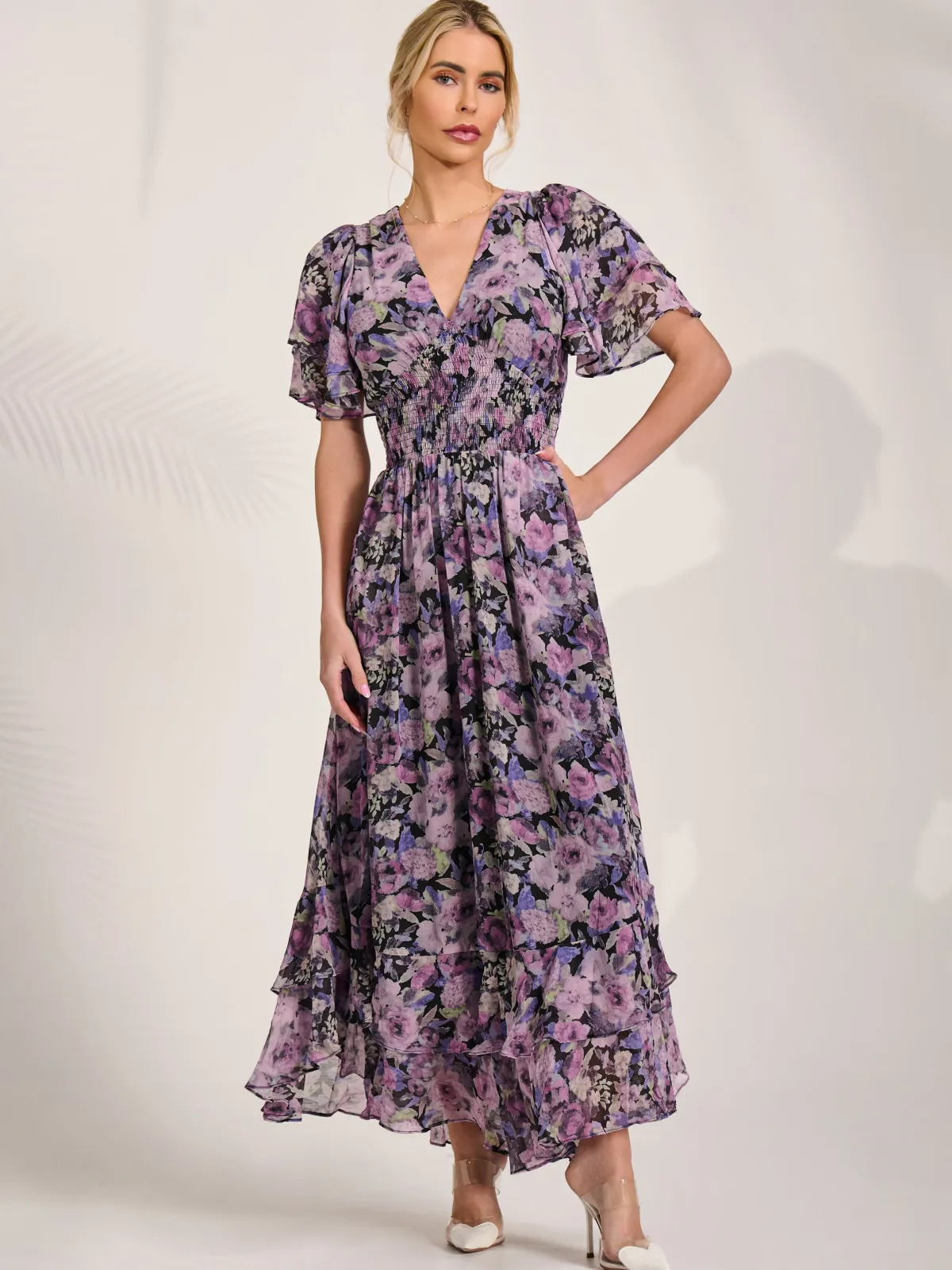 Jolie Moi Floral Dresses|Weekend Casuals-Chiffon Layered Sleeve Ruffle Hem Midaxi, Black Floral