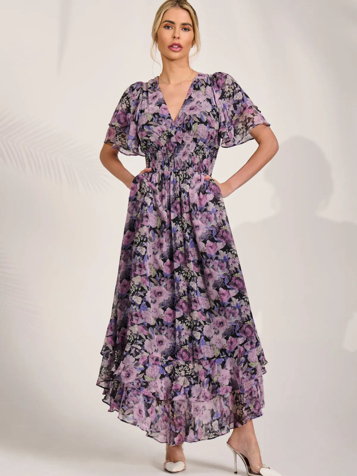 Jolie Moi Floral Dresses|Weekend Casuals-Chiffon Layered Sleeve Ruffle Hem Midaxi, Black Floral