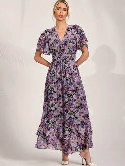 Jolie Moi Floral Dresses|Weekend Casuals-Chiffon Layered Sleeve Ruffle Hem Midaxi, Black Floral