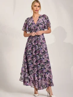 Jolie Moi Floral Dresses|Weekend Casuals-Chiffon Layered Sleeve Ruffle Hem Midaxi, Black Floral