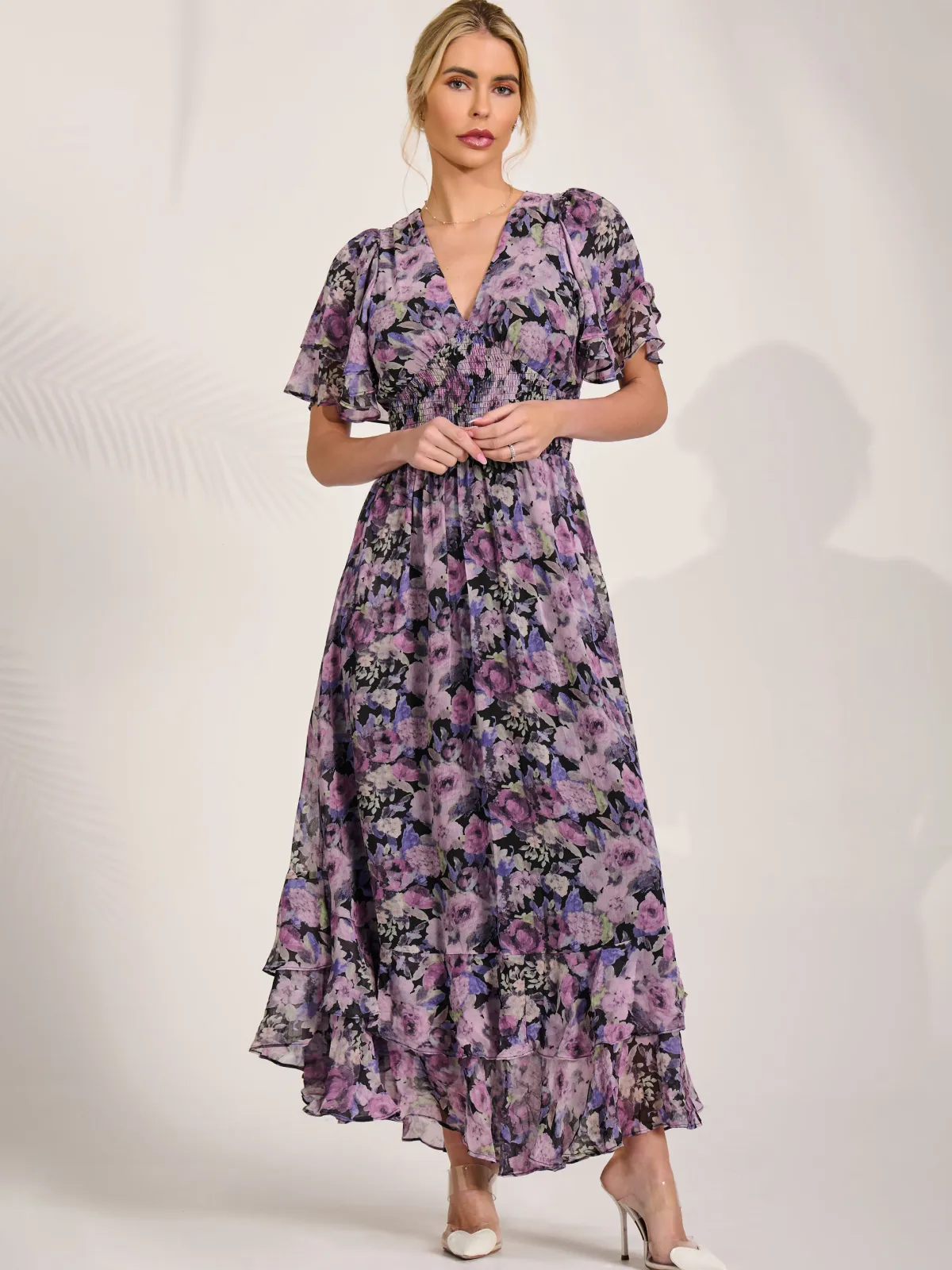 Jolie Moi Floral Dresses|Weekend Casuals-Chiffon Layered Sleeve Ruffle Hem Midaxi, Black Floral