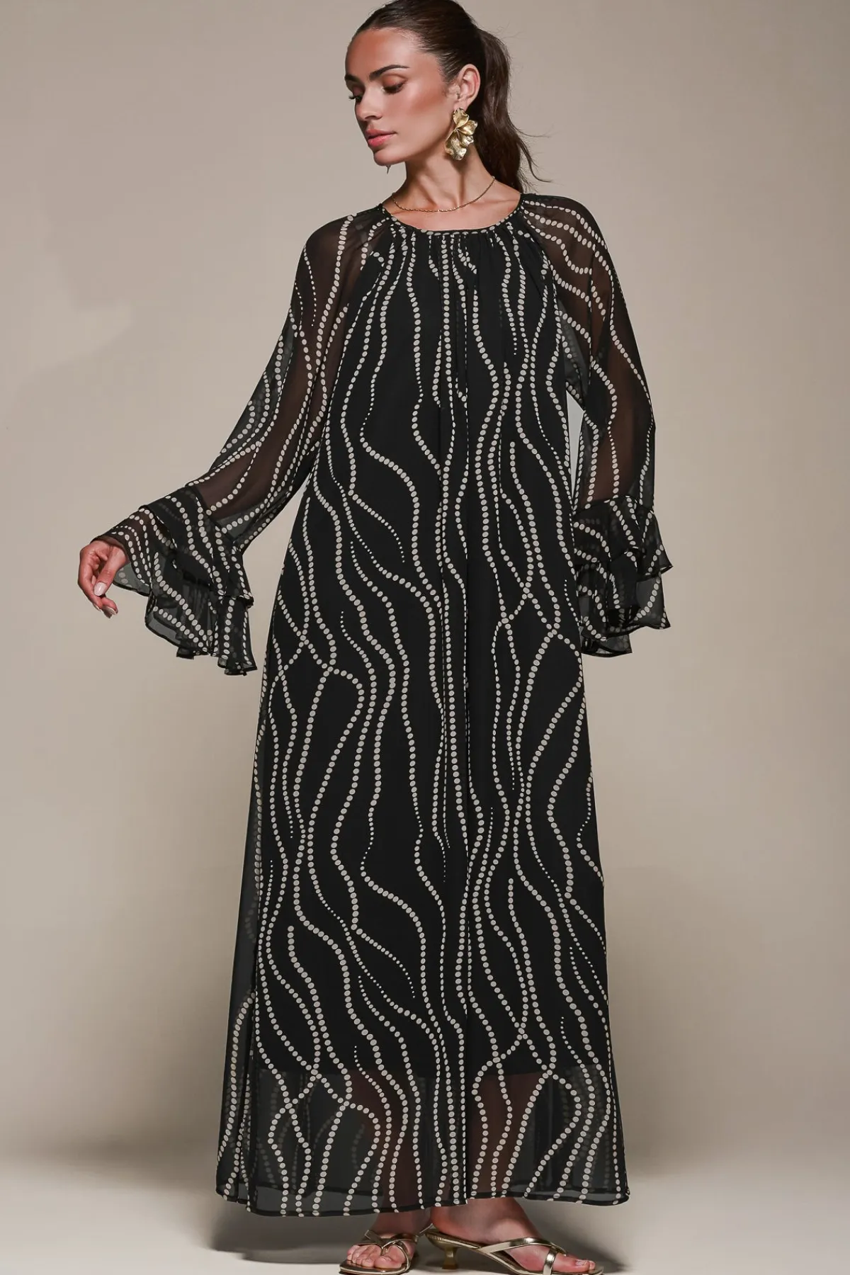 Jolie Moi Occasion Dresses|Long Sleeved Dresses-Chiffon Long Sleeve Shift Maxi Dress, Black Spot